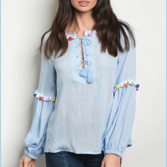 Tops - Blue Tassel & Pom Spring Top